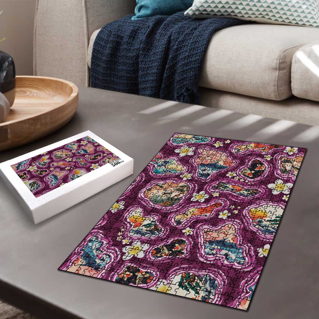 Hawaii Islands Map Design with Japanese Landscape Puzzle Hawaiian Japan Fusion Art Pink Color LT03 - Polynesian Pride