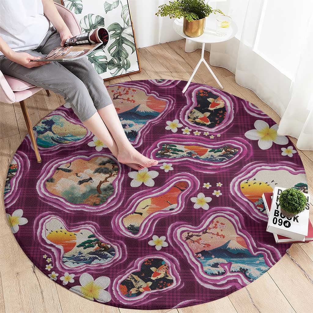 Hawaii Islands Map Design with Japanese Landscape Round Carpet Hawaiian Japan Fusion Art Pink Color