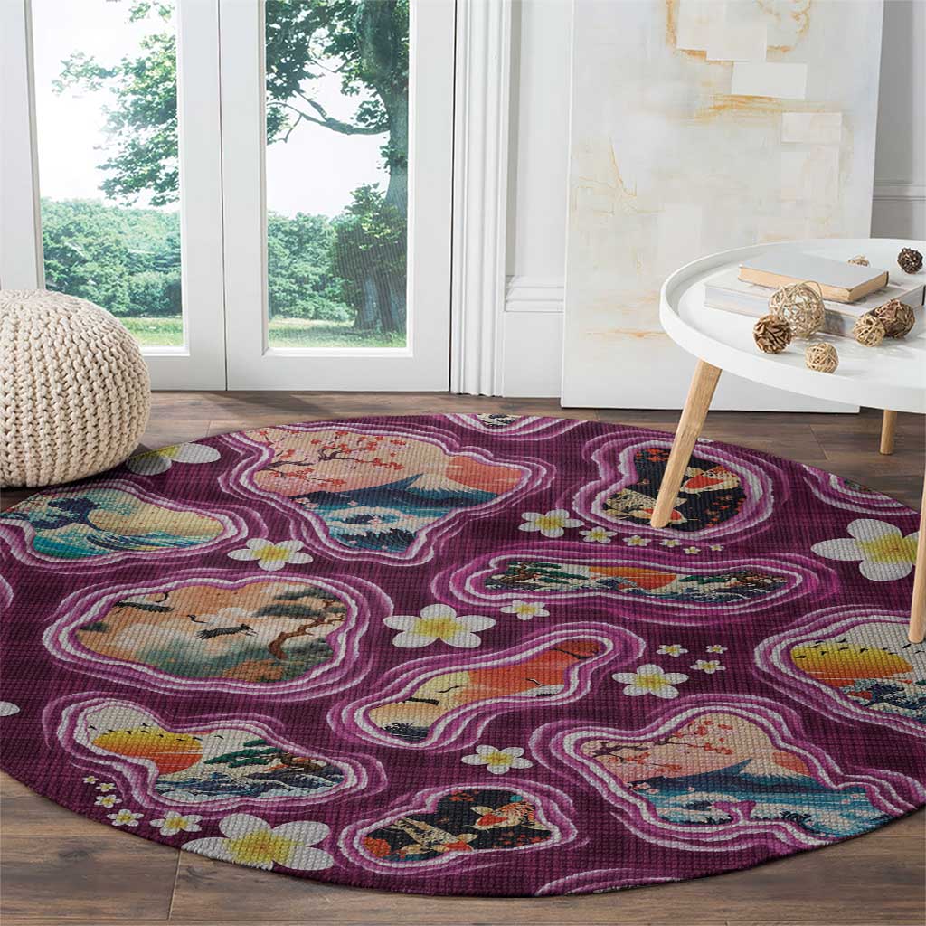 Hawaii Islands Map Design with Japanese Landscape Round Carpet Hawaiian Japan Fusion Art Pink Color