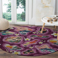 Hawaii Islands Map Design with Japanese Landscape Round Carpet Hawaiian Japan Fusion Art Pink Color
