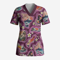 Hawaii Islands Map Design with Japanese Landscape Scrub Top Hawaiian Japan Fusion Art Pink Color LT03 Adult Pink - Polynesian Pride