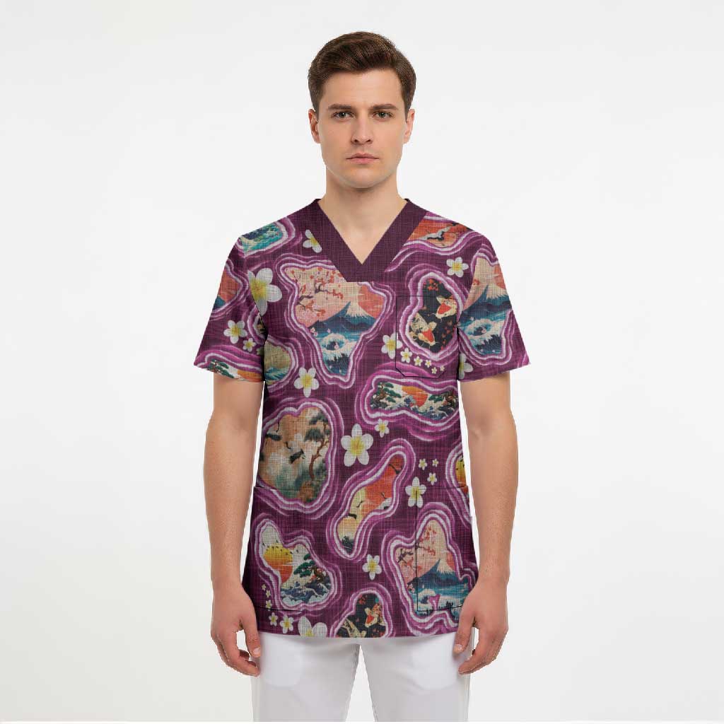 Hawaii Islands Map Design with Japanese Landscape Scrub Top Hawaiian Japan Fusion Art Pink Color LT03 - Polynesian Pride