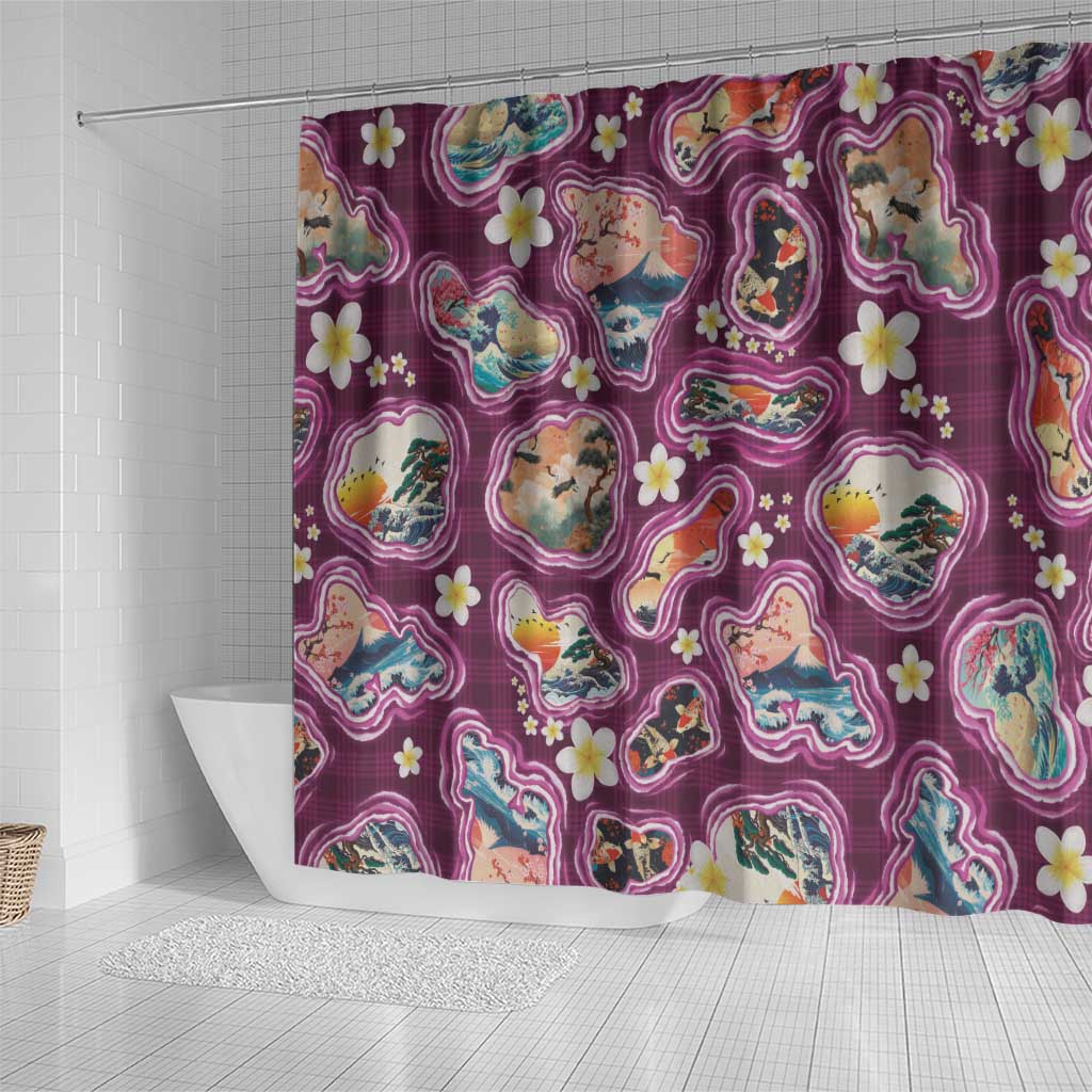 Hawaii Islands Map Design with Japanese Landscape Shower Curtain Hawaiian Japan Fusion Art Pink Color