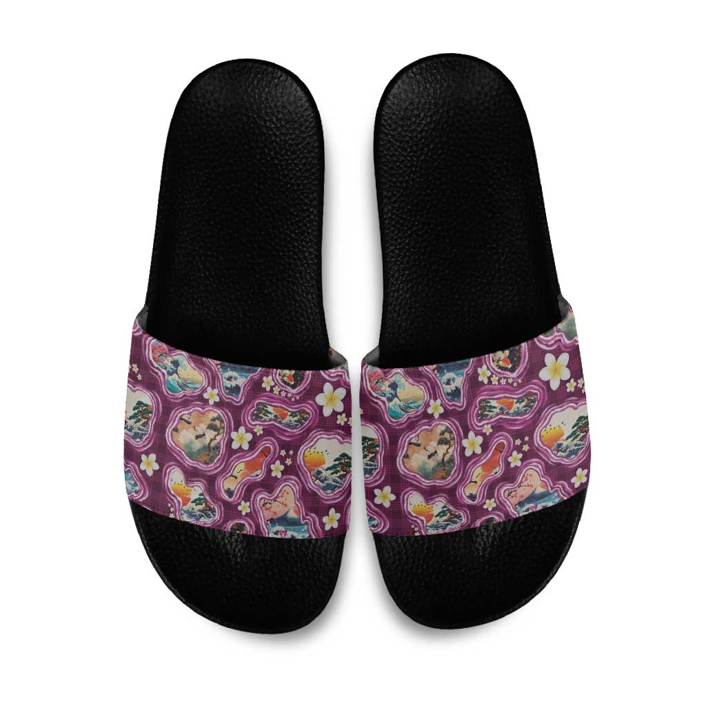 Hawaii Islands Map Design with Japanese Landscape Slide Sandals Hawaiian Japan Fusion Art Pink Color