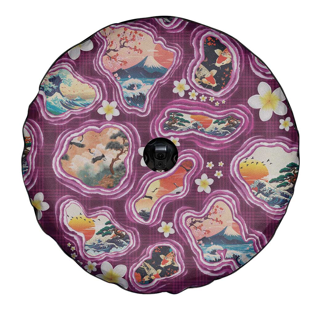 Hawaii Islands Map Design with Japanese Landscape Spare Tire Cover Hawaiian Japan Fusion Art Pink Color