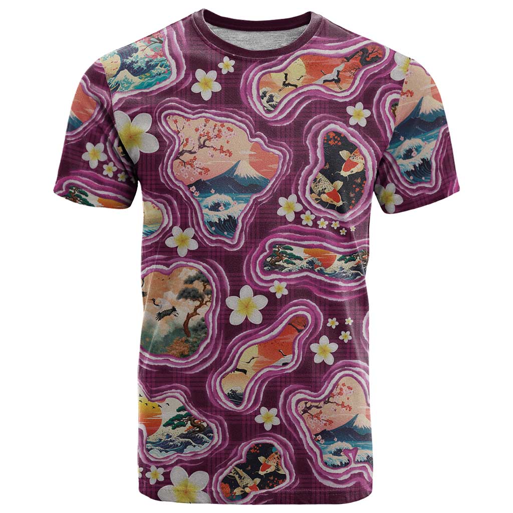 Hawaii Islands Map Design with Japanese Landscape T Shirt Hawaiian Japan Fusion Art Pink Color LT03 Pink - Polynesian Pride