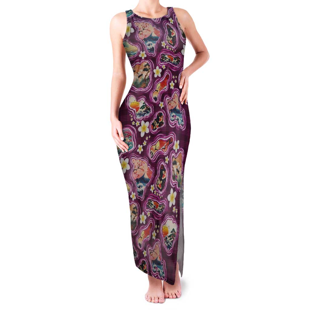 Hawaii Islands Map Design with Japanese Landscape Tank Maxi Dress Hawaiian Japan Fusion Art Pink Color