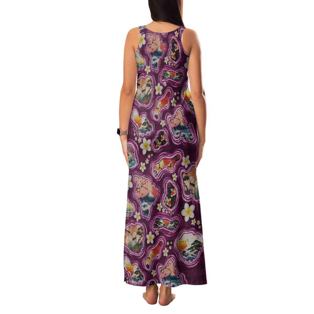 Hawaii Islands Map Design with Japanese Landscape Tank Maxi Dress Hawaiian Japan Fusion Art Pink Color