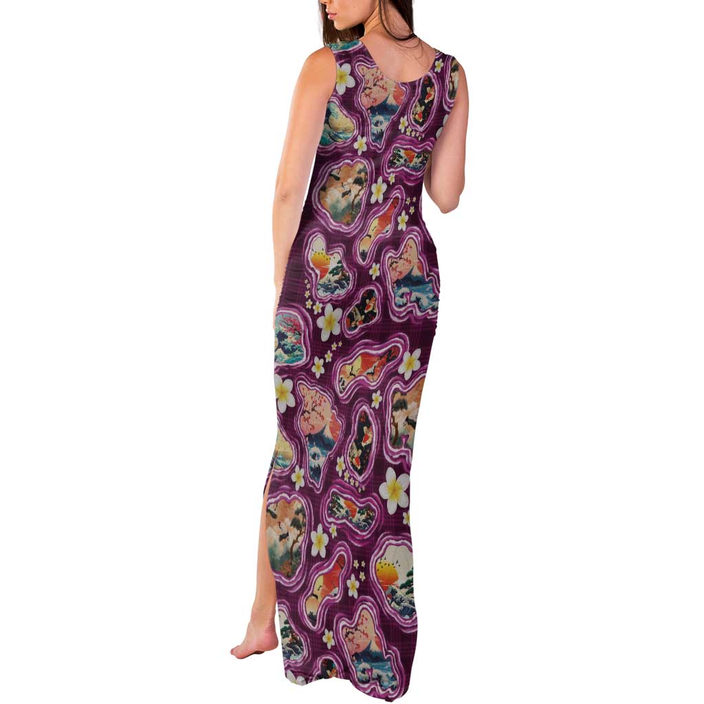 Hawaii Islands Map Design with Japanese Landscape Tank Maxi Dress Hawaiian Japan Fusion Art Pink Color