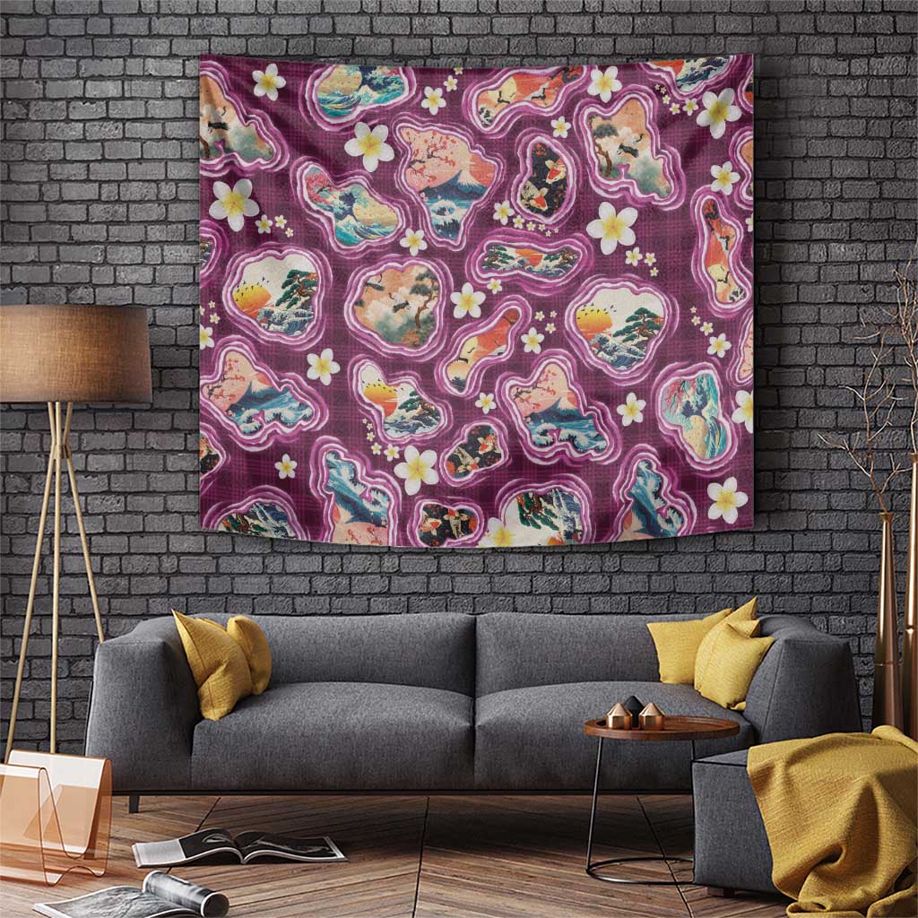Hawaii Islands Map Design with Japanese Landscape Tapestry Hawaiian Japan Fusion Art Pink Color LT03 Pink - Polynesian Pride