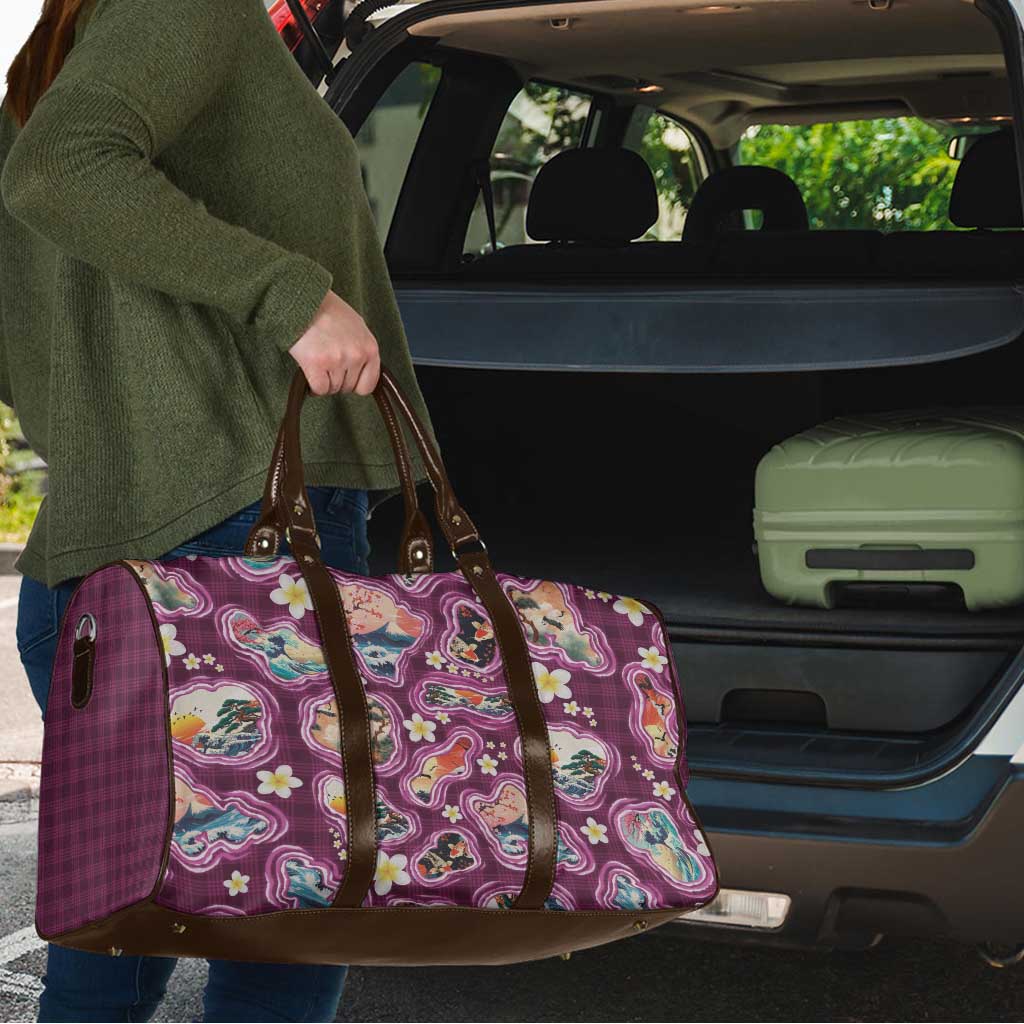 Hawaii Islands Map Design with Japanese Landscape Travel Bag Hawaiian Japan Fusion Art Pink Color