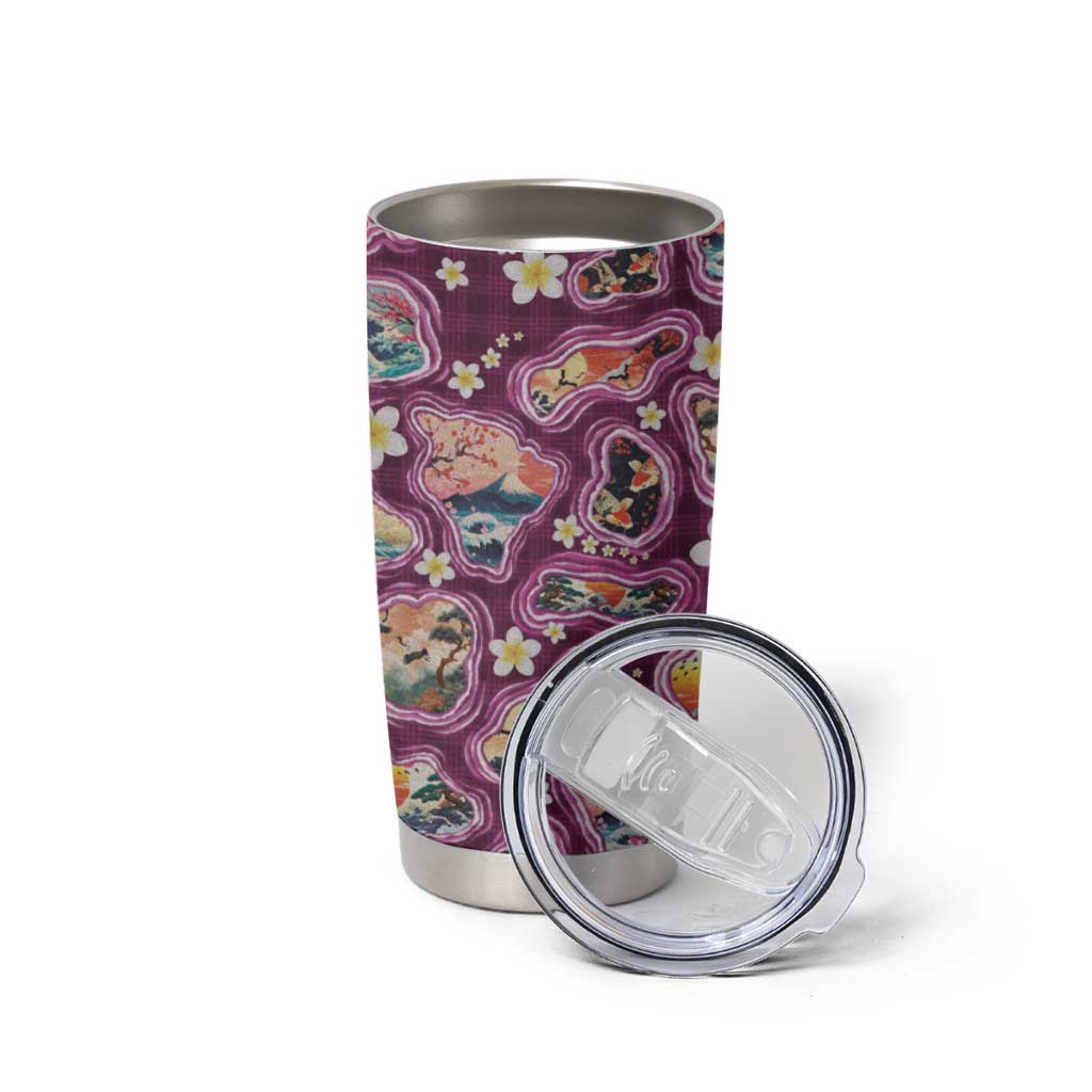Hawaii Islands Map Design with Japanese Landscape Tumbler Cup Hawaiian Japan Fusion Art Pink Color