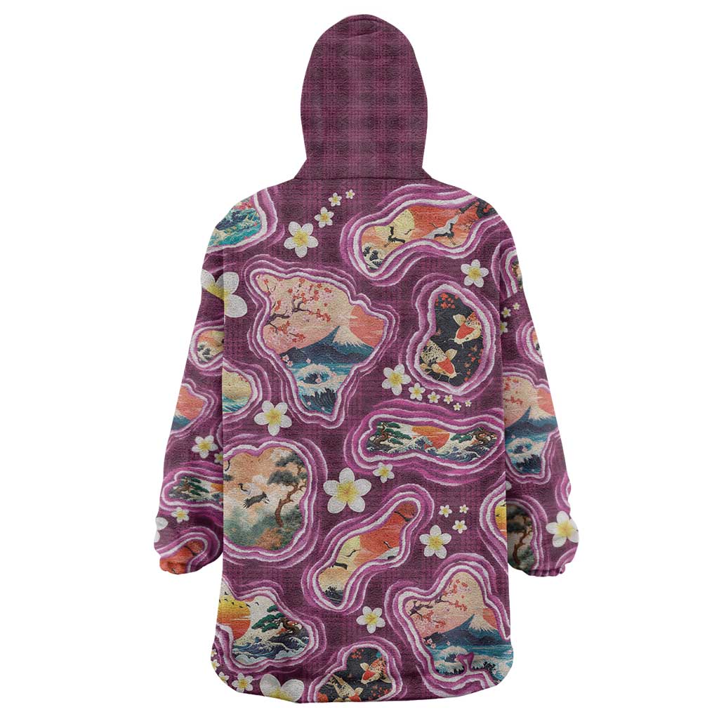 Hawaii Islands Map Design with Japanese Landscape Wearable Blanket Hoodie Hawaiian Japan Fusion Art Pink Color