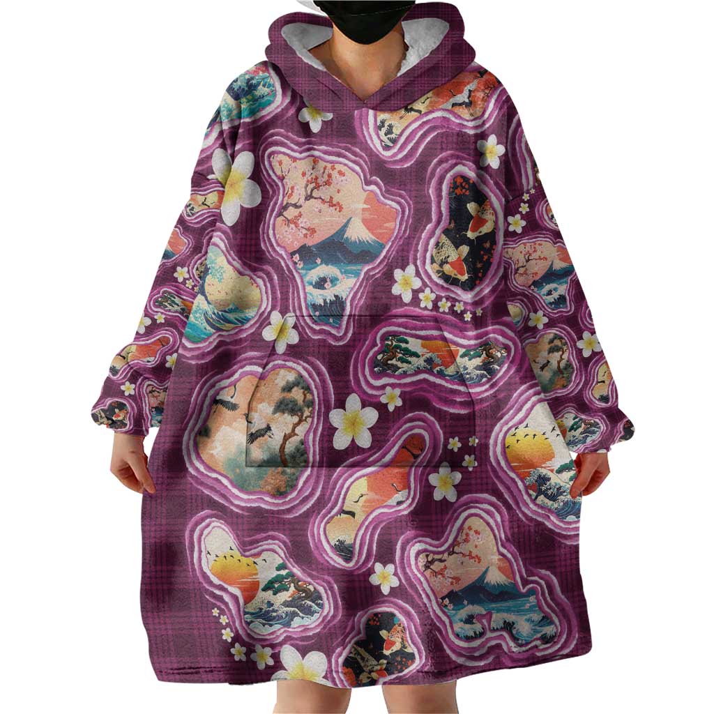 Hawaii Islands Map Design with Japanese Landscape Wearable Blanket Hoodie Hawaiian Japan Fusion Art Pink Color