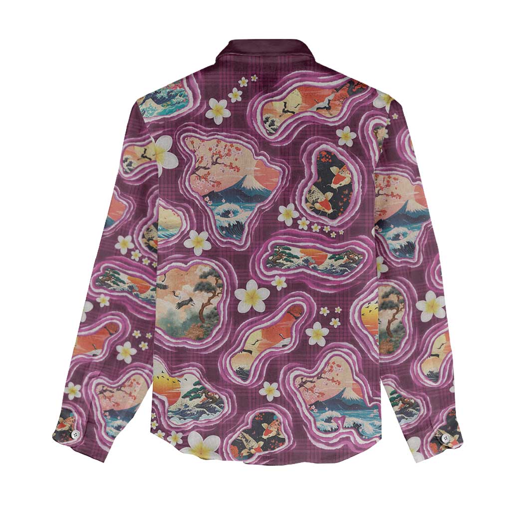 Hawaii Islands Map Design with Japanese Landscape Women Casual Shirt Hawaiian Japan Fusion Art Pink Color