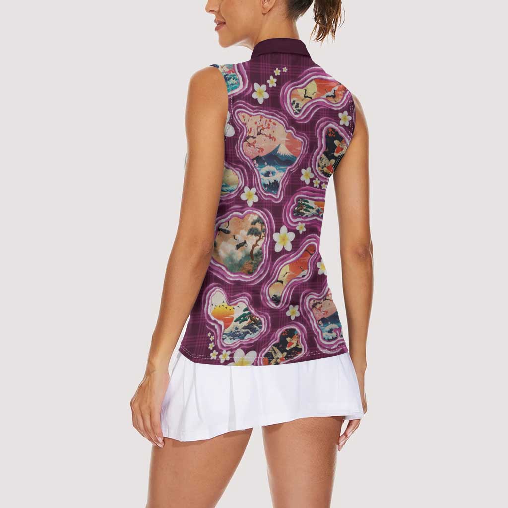 Hawaii Islands Map Design with Japanese Landscape Women Sleeveless Polo Shirt Hawaiian Japan Fusion Art Pink Color