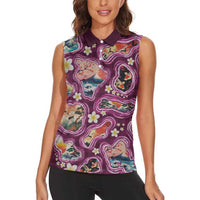 Hawaii Islands Map Design with Japanese Landscape Women Sleeveless Polo Shirt Hawaiian Japan Fusion Art Pink Color