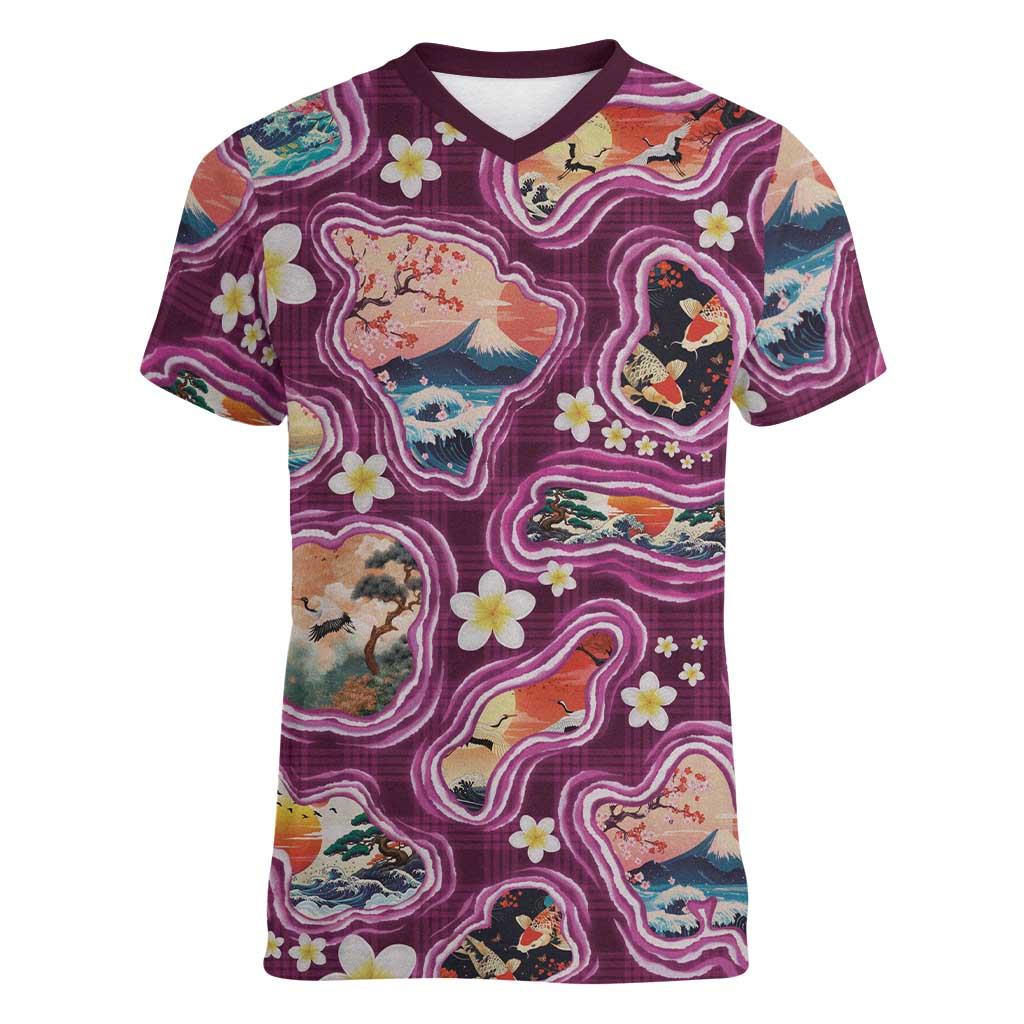Hawaii Islands Map Design with Japanese Landscape Women V-Neck T-Shirt Hawaiian Japan Fusion Art Pink Color LT03 Female Pink - Polynesian Pride