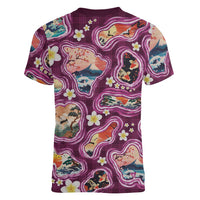 Hawaii Islands Map Design with Japanese Landscape Women V-Neck T-Shirt Hawaiian Japan Fusion Art Pink Color