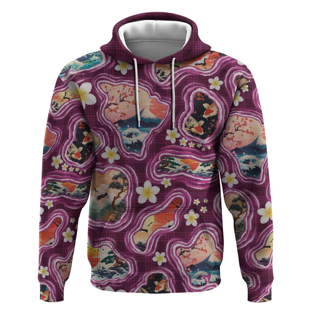 Hawaii Islands Map Design with Japanese Landscape Zip Hoodie Hawaiian Japan Fusion Art Pink Color