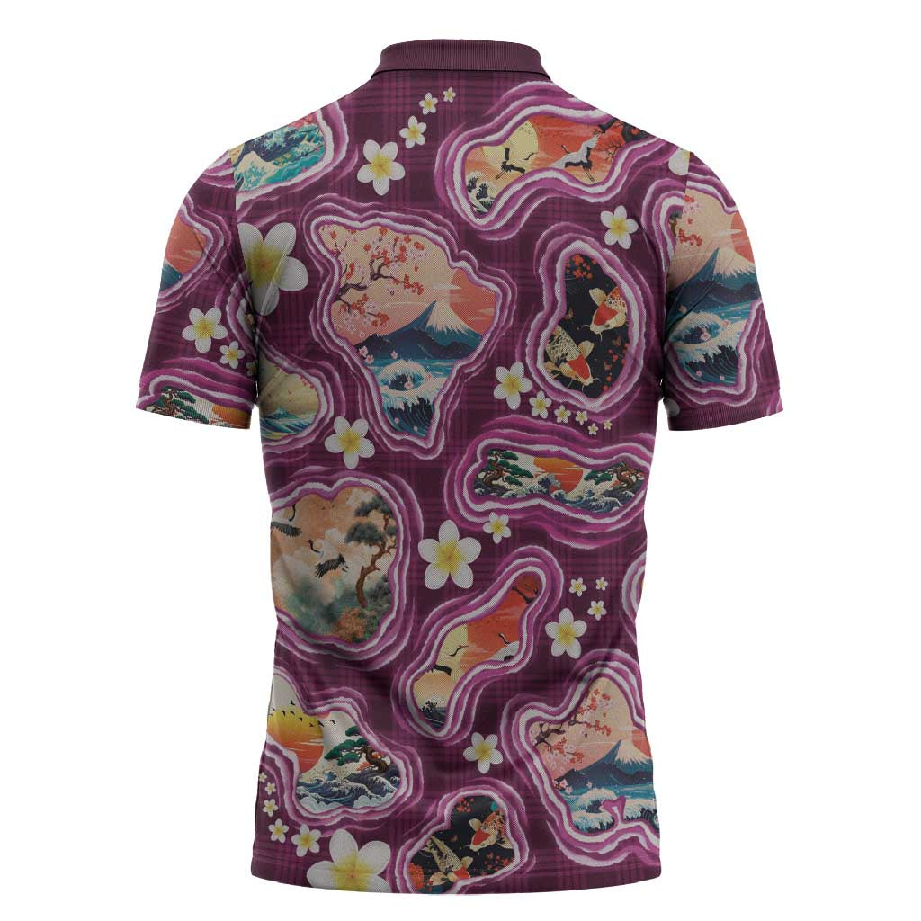 Hawaii Islands Map Design with Japanese Landscape Zipper Polo Shirt Hawaiian Japan Fusion Art Pink Color