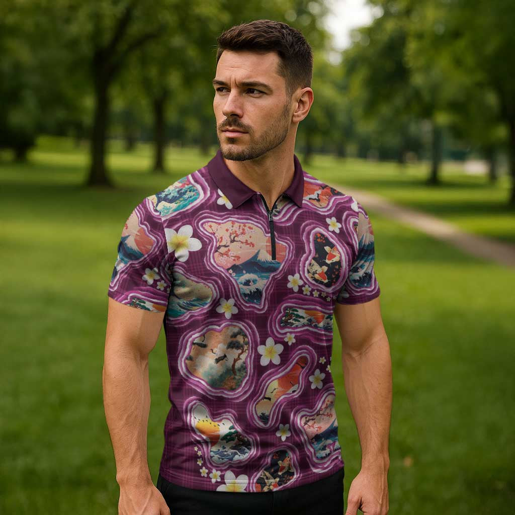 Hawaii Islands Map Design with Japanese Landscape Zipper Polo Shirt Hawaiian Japan Fusion Art Pink Color