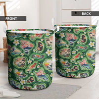 Hawaiian and Japanese Culture Together Laundry Basket Hawaiian Island Shapes with Japanese Landscape Green Color