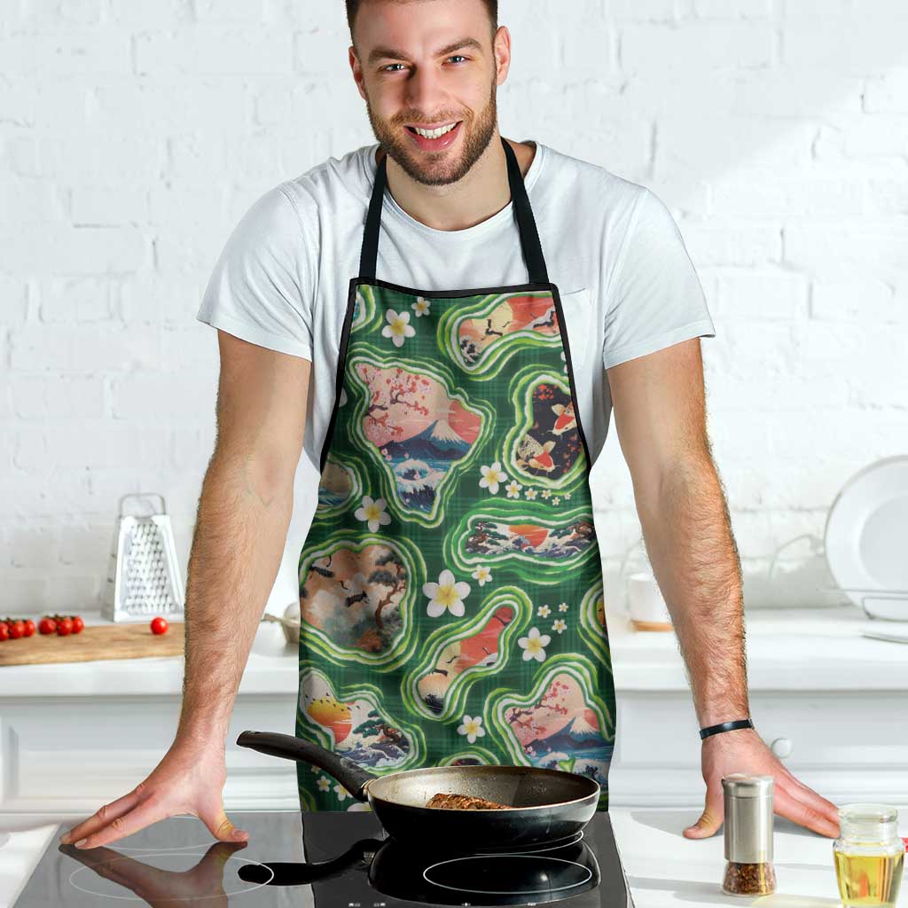 Hawaiian and Japanese Culture Together Apron Hawaiian Island Shapes with Japanese Landscape Green Color