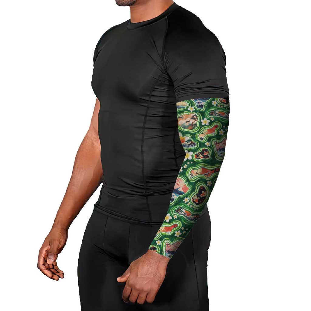 Hawaiian and Japanese Culture Together Arm Sleeves Hawaiian Island Shapes with Japanese Landscape Green Color
