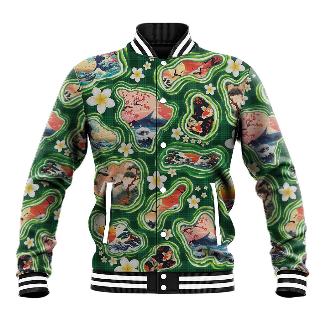 Hawaiian and Japanese Culture Together Baseball Jacket Hawaiian Island Shapes with Japanese Landscape Green Color