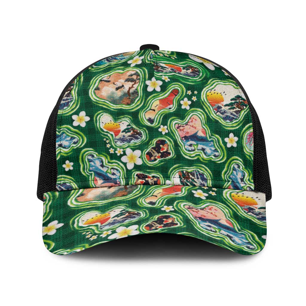 Hawaiian and Japanese Culture Together Baseball Net Cap Hawaiian Island Shapes with Japanese Landscape Green Color