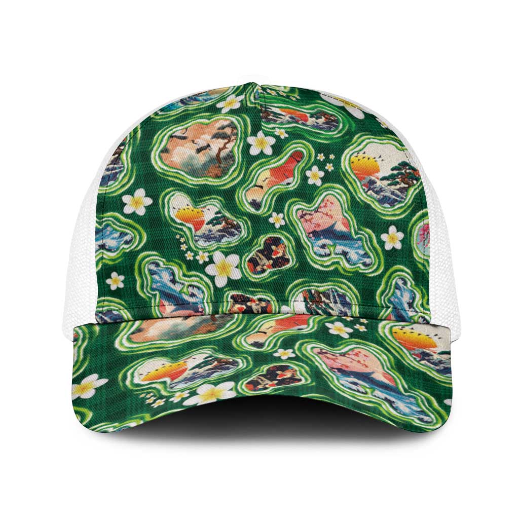 Hawaiian and Japanese Culture Together Baseball Net Cap Hawaiian Island Shapes with Japanese Landscape Green Color LT03 One Size White Green - Polynesian Pride
