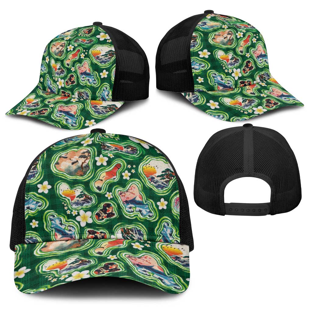 Hawaiian and Japanese Culture Together Baseball Net Cap Hawaiian Island Shapes with Japanese Landscape Green Color LT03 - Polynesian Pride