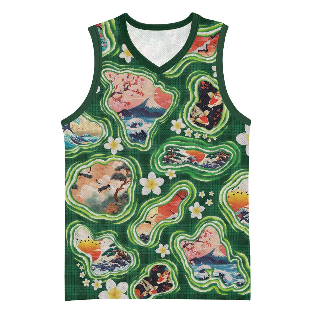 Hawaiian and Japanese Culture Together Basketball Jersey Hawaiian Island Shapes with Japanese Landscape Green Color LT03 Unisex Green - Polynesian Pride