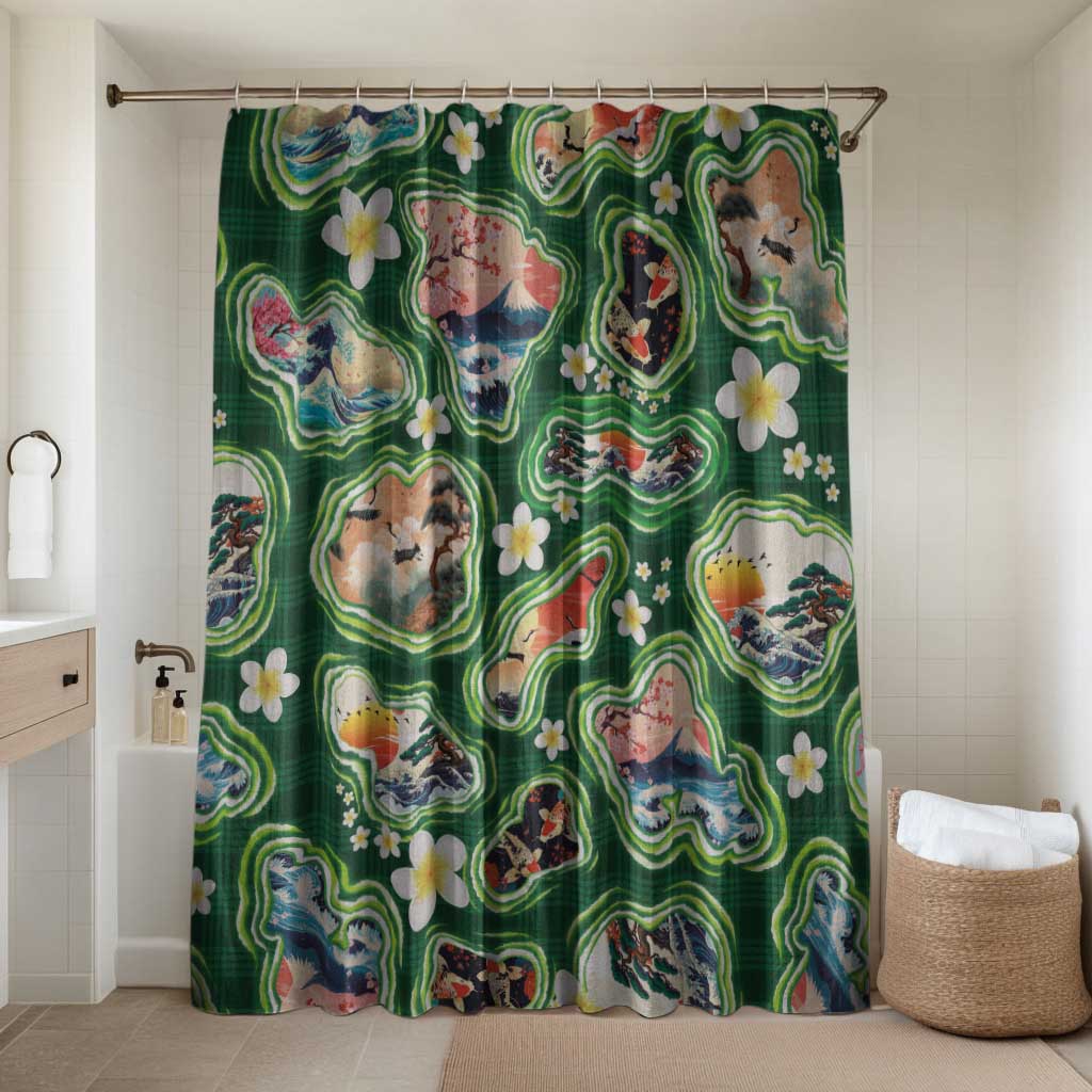 Hawaiian and Japanese Culture Together Bathroom Set Hawaiian Island Shapes with Japanese Landscape Green Color