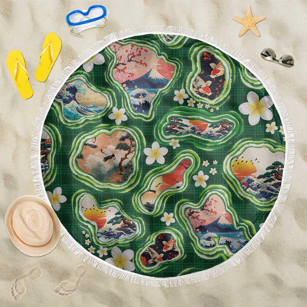 Hawaiian and Japanese Culture Together Beach Blanket Hawaiian Island Shapes with Japanese Landscape Green Color LT03 One Size 150cm Green - Polynesian Pride