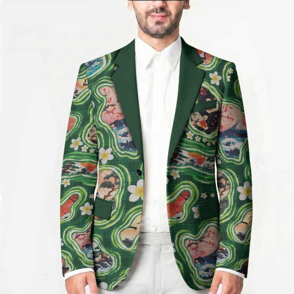 Hawaiian and Japanese Culture Together Blazer Hawaiian Island Shapes with Japanese Landscape Green Color