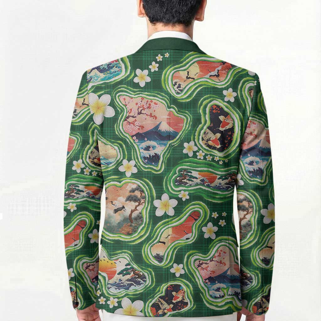 Hawaiian and Japanese Culture Together Blazer Hawaiian Island Shapes with Japanese Landscape Green Color