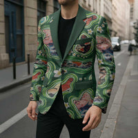 Hawaiian and Japanese Culture Together Blazer Hawaiian Island Shapes with Japanese Landscape Green Color