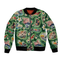 Hawaiian and Japanese Culture Together Bomber Jacket Hawaiian Island Shapes with Japanese Landscape Green Color