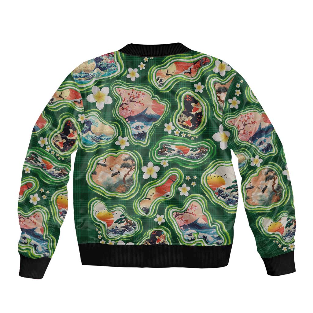 Hawaiian and Japanese Culture Together Bomber Jacket Hawaiian Island Shapes with Japanese Landscape Green Color
