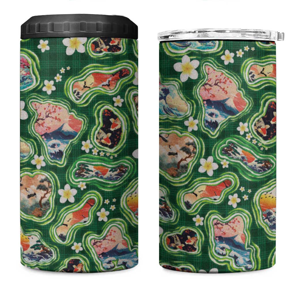 Hawaiian and Japanese Culture Together 4 in 1 Can Cooler Tumbler Hawaiian Island Shapes with Japanese Landscape Green Color
