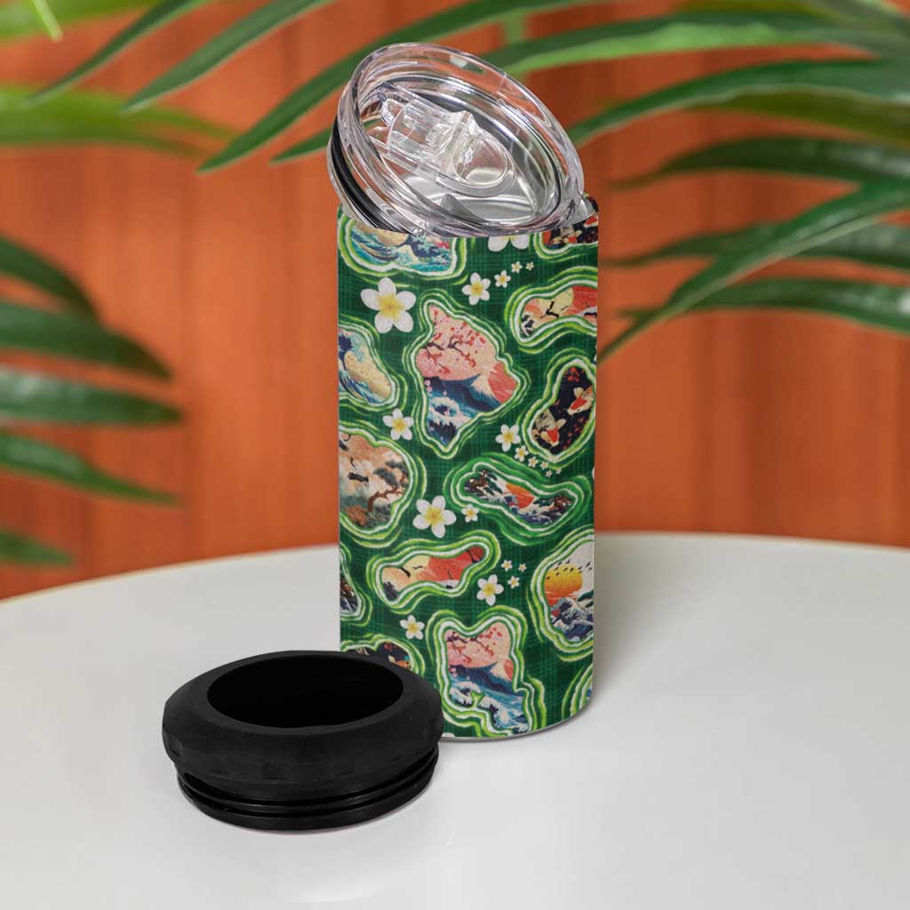 Hawaiian and Japanese Culture Together 4 in 1 Can Cooler Tumbler Hawaiian Island Shapes with Japanese Landscape Green Color