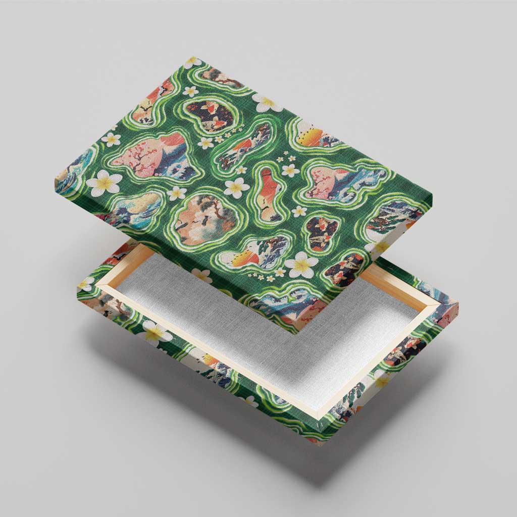 Hawaiian and Japanese Culture Together Canvas Wall Art Hawaiian Island Shapes with Japanese Landscape Green Color
