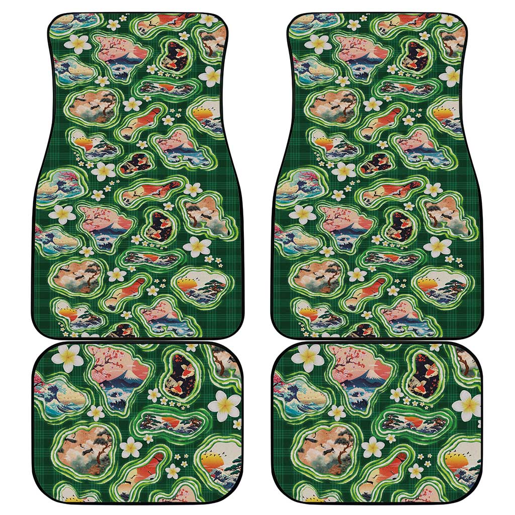 Hawaiian and Japanese Culture Together Car Mats Hawaiian Island Shapes with Japanese Landscape Green Color