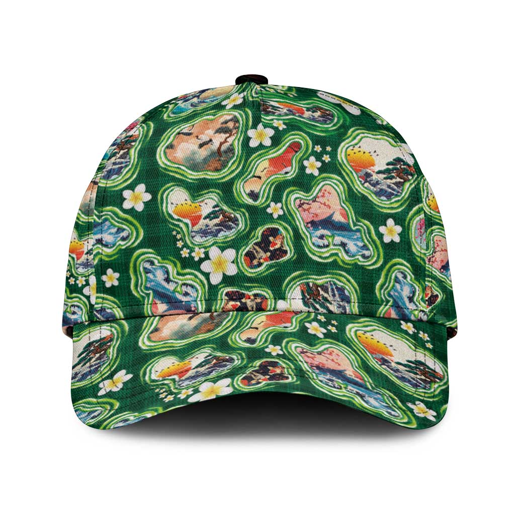 Hawaiian and Japanese Culture Together Classic Cap Hawaiian Island Shapes with Japanese Landscape Green Color LT03 Universal Fit Green - Polynesian Pride