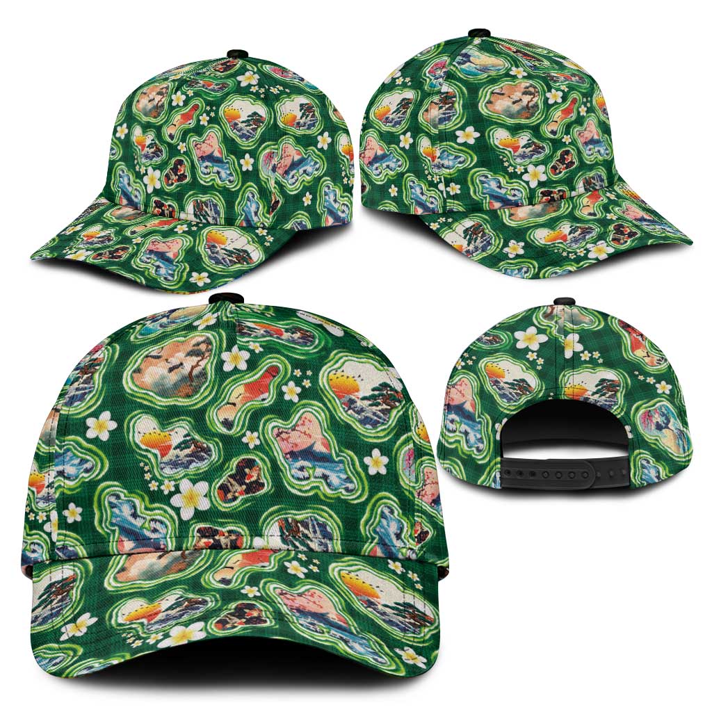 Hawaiian and Japanese Culture Together Classic Cap Hawaiian Island Shapes with Japanese Landscape Green Color