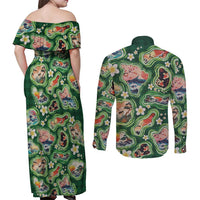 Hawaiian and Japanese Culture Together Couples Matching Off Shoulder Maxi Dress and Long Sleeve Button Shirt Hawaiian Island Shapes with Japanese Landscape Green Color