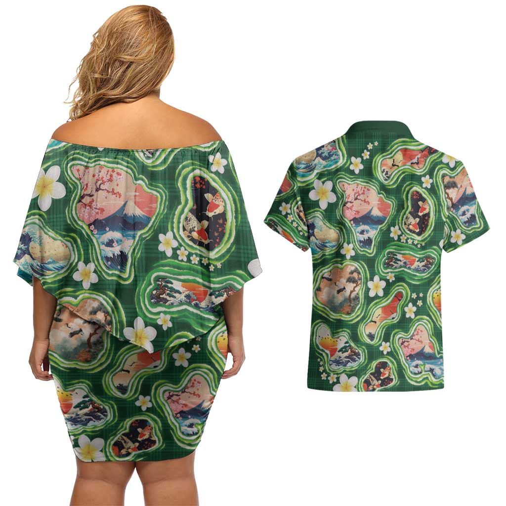 Hawaiian and Japanese Culture Together Couples Matching Off Shoulder Short Dress and Hawaiian Shirt Hawaiian Island Shapes with Japanese Landscape Green Color