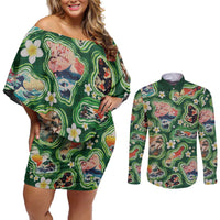 Hawaiian and Japanese Culture Together Couples Matching Off Shoulder Short Dress and Long Sleeve Button Shirt Hawaiian Island Shapes with Japanese Landscape Green Color